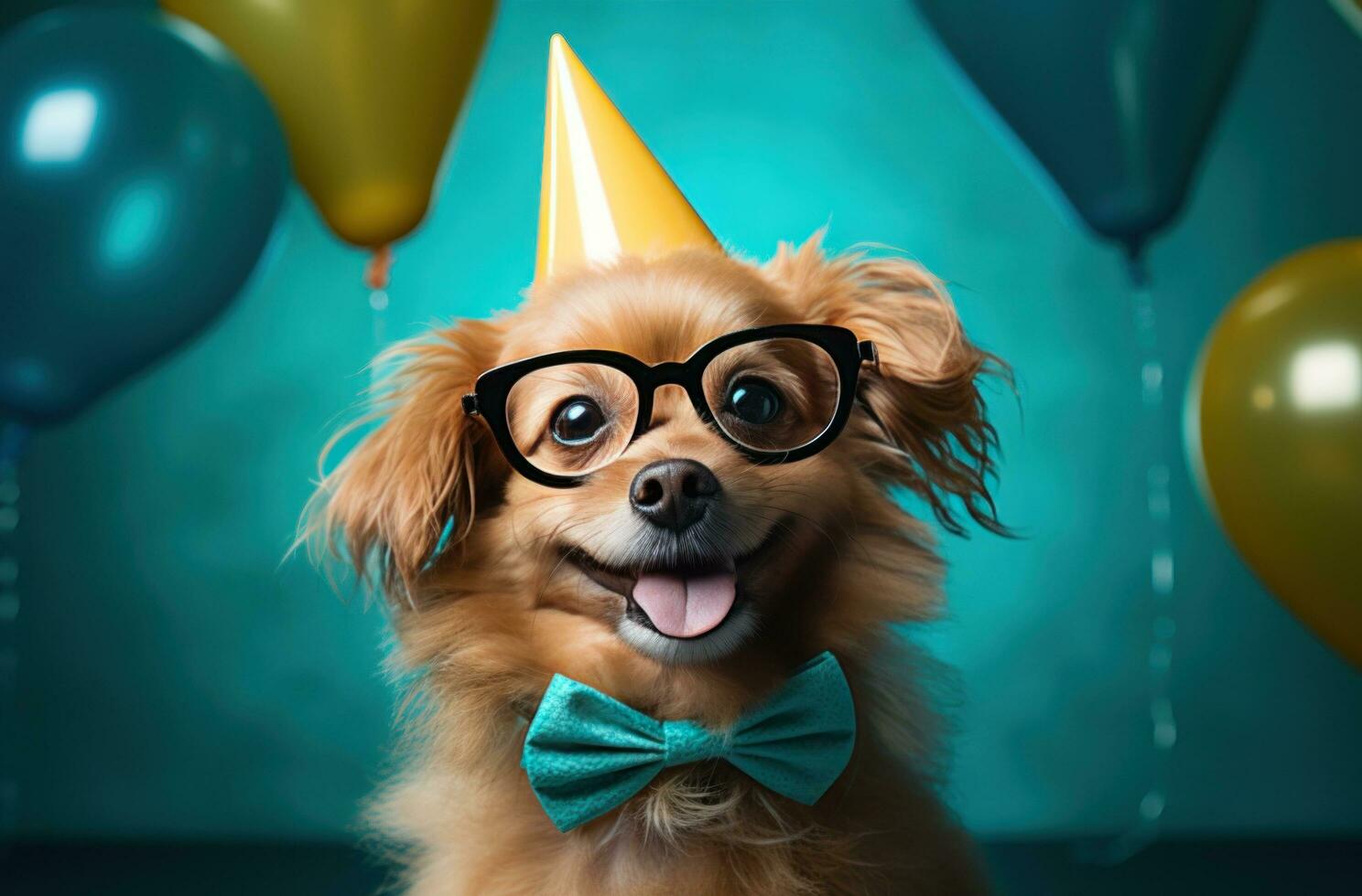 AI generated birthday party dog in glasses, photo