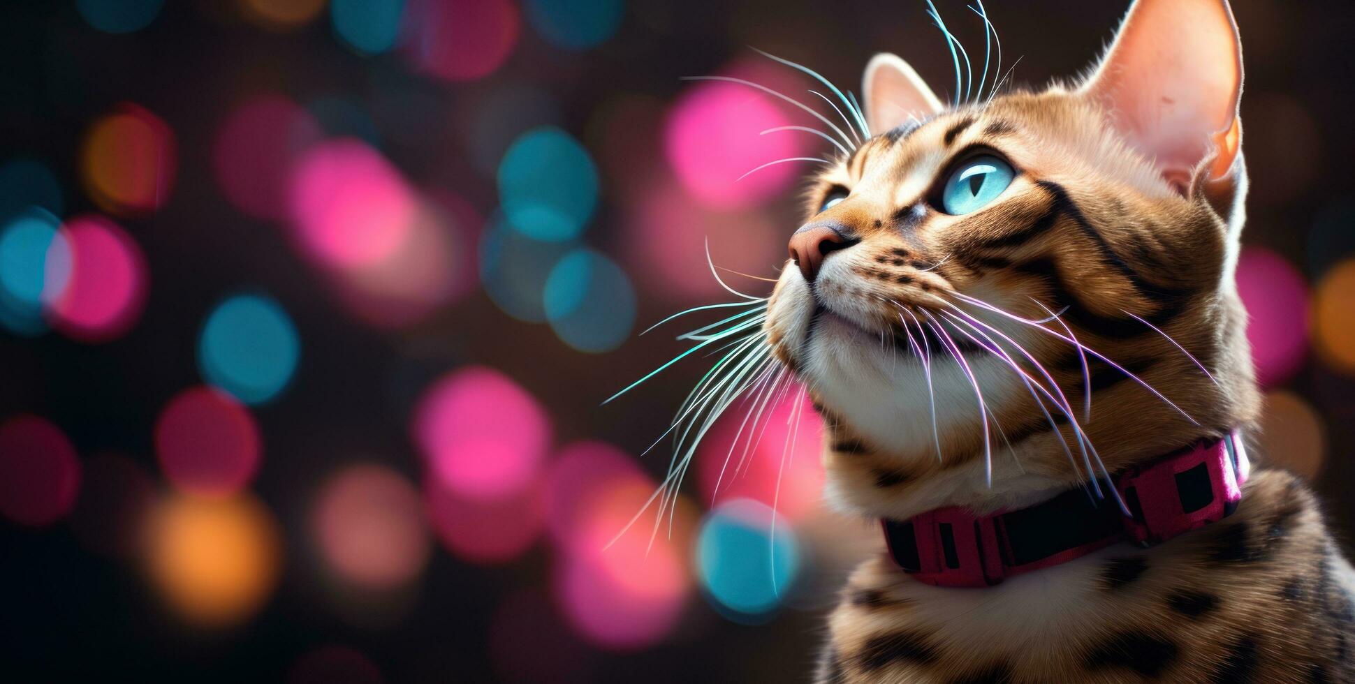 AI generated bengal tabby cat with blue eyes looking up, photo