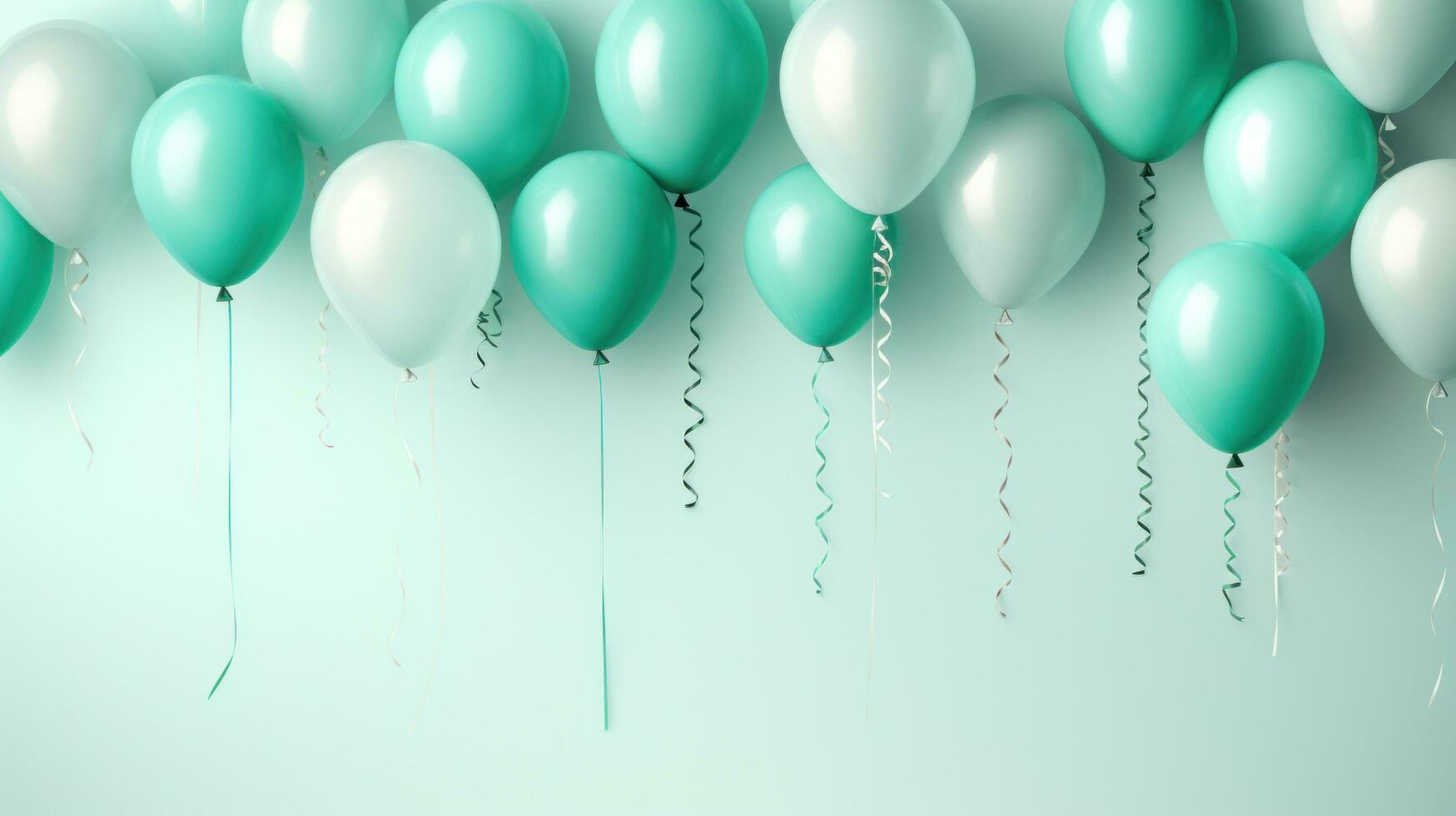 AI generated background birthday border with balloons and party hats, light teal photo