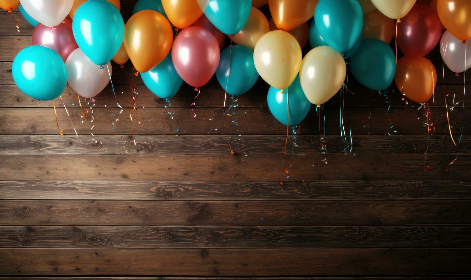 AI generated balloons thrown around on wooden background photo