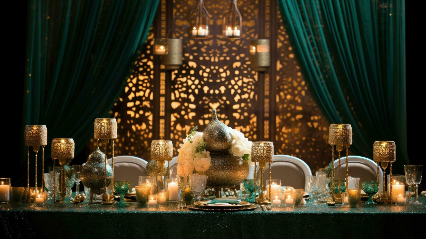 AI generated An opulent green and gold background with shimmering Arabic calligraphy photo