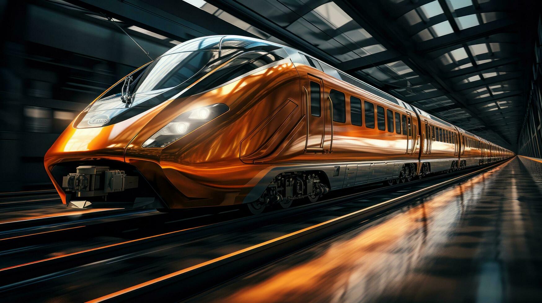 ai generado un naranja y plata tren exceso de velocidad abajo el tren pistas, foto