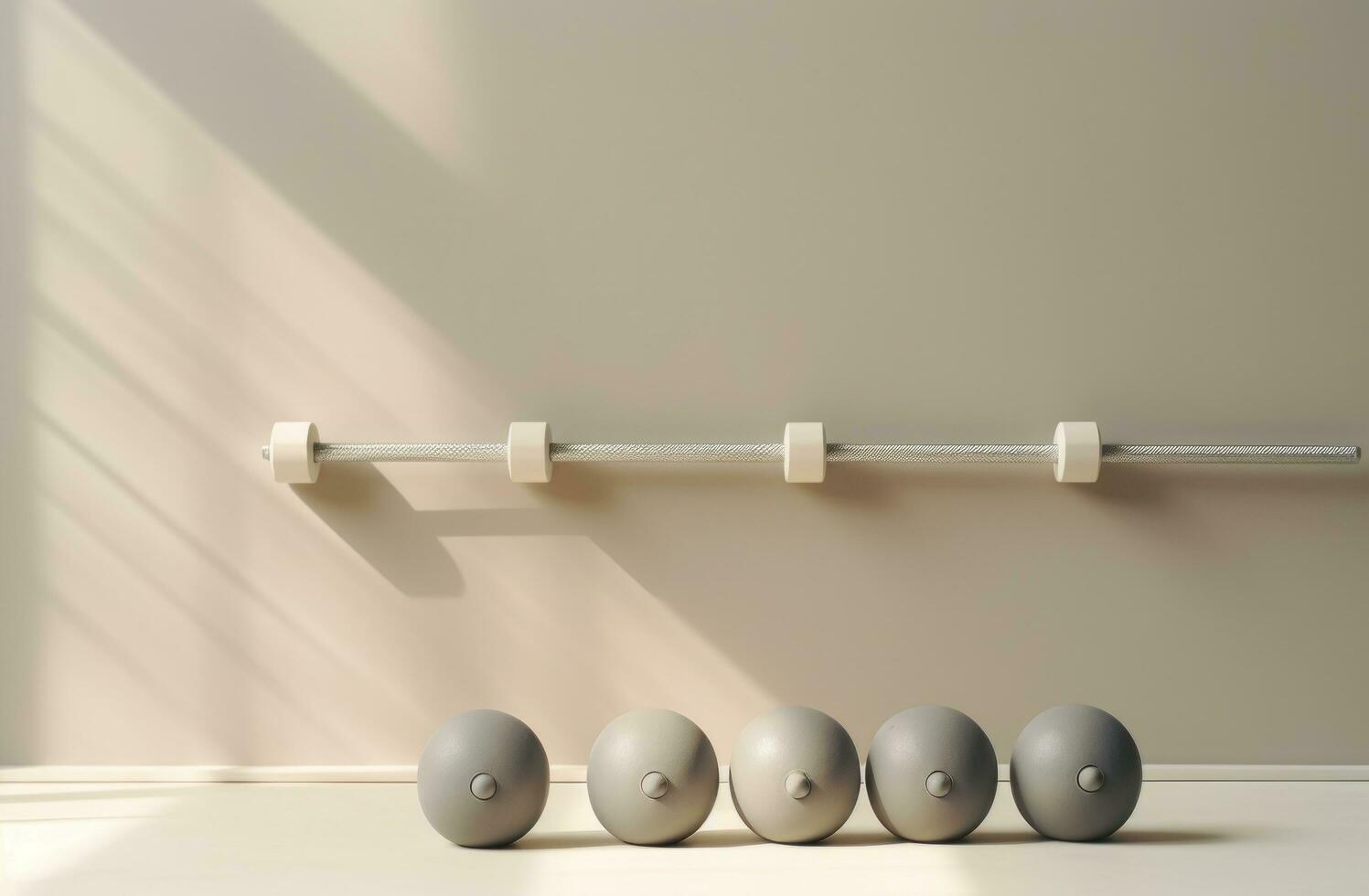 AI generated an exercise bar with a set of gym dumbbells near a beige wall, photo