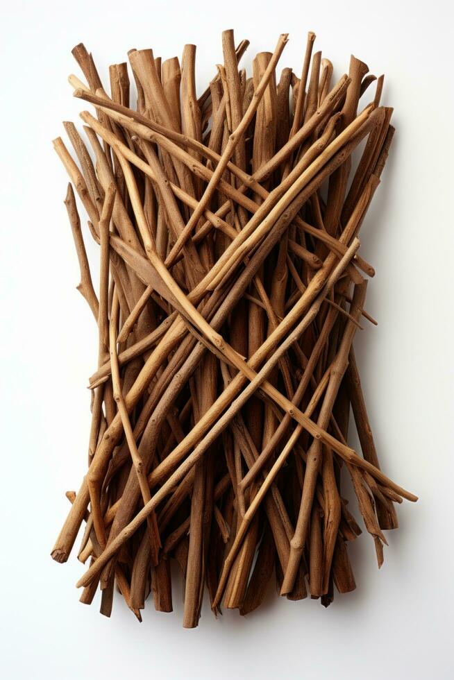 AI generated an arrangement of brown sticks on a white background, photo