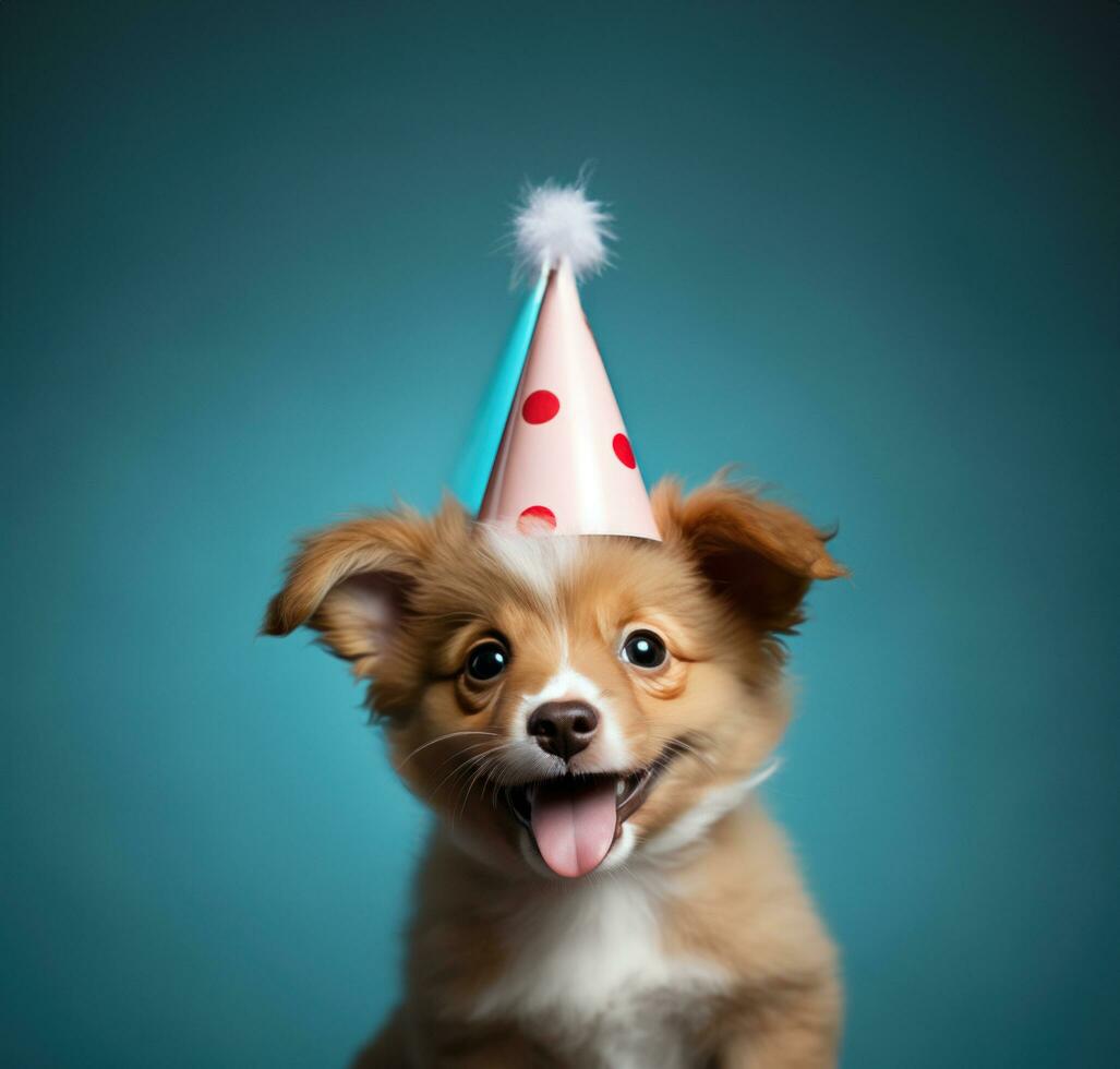 AI generated an adorable puppy in a party hat, photo