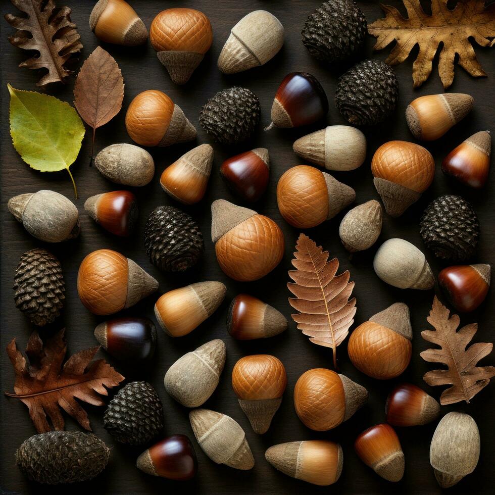 AI generated an arrangement of several different acorns, photo