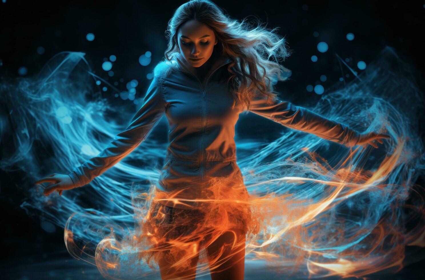 AI generated an ice skater in blue skating in a light setting, photo