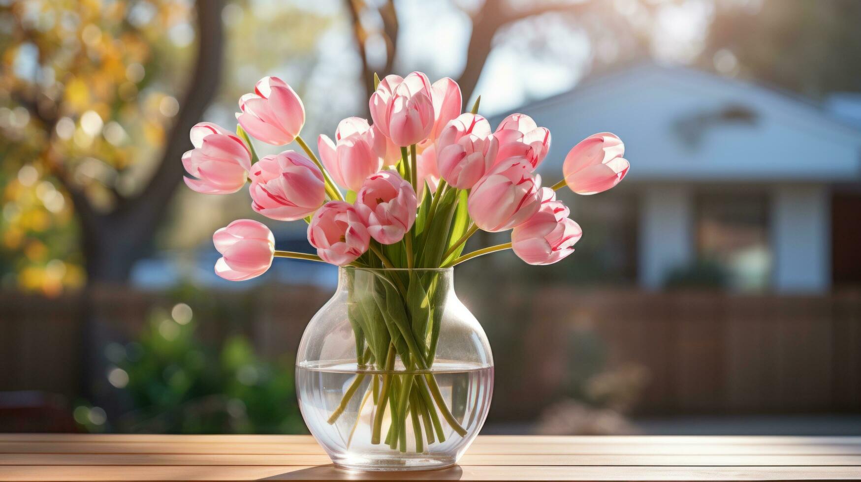 AI generated An arrangement of pink and white tulips in a glass vase on a wooden table photo