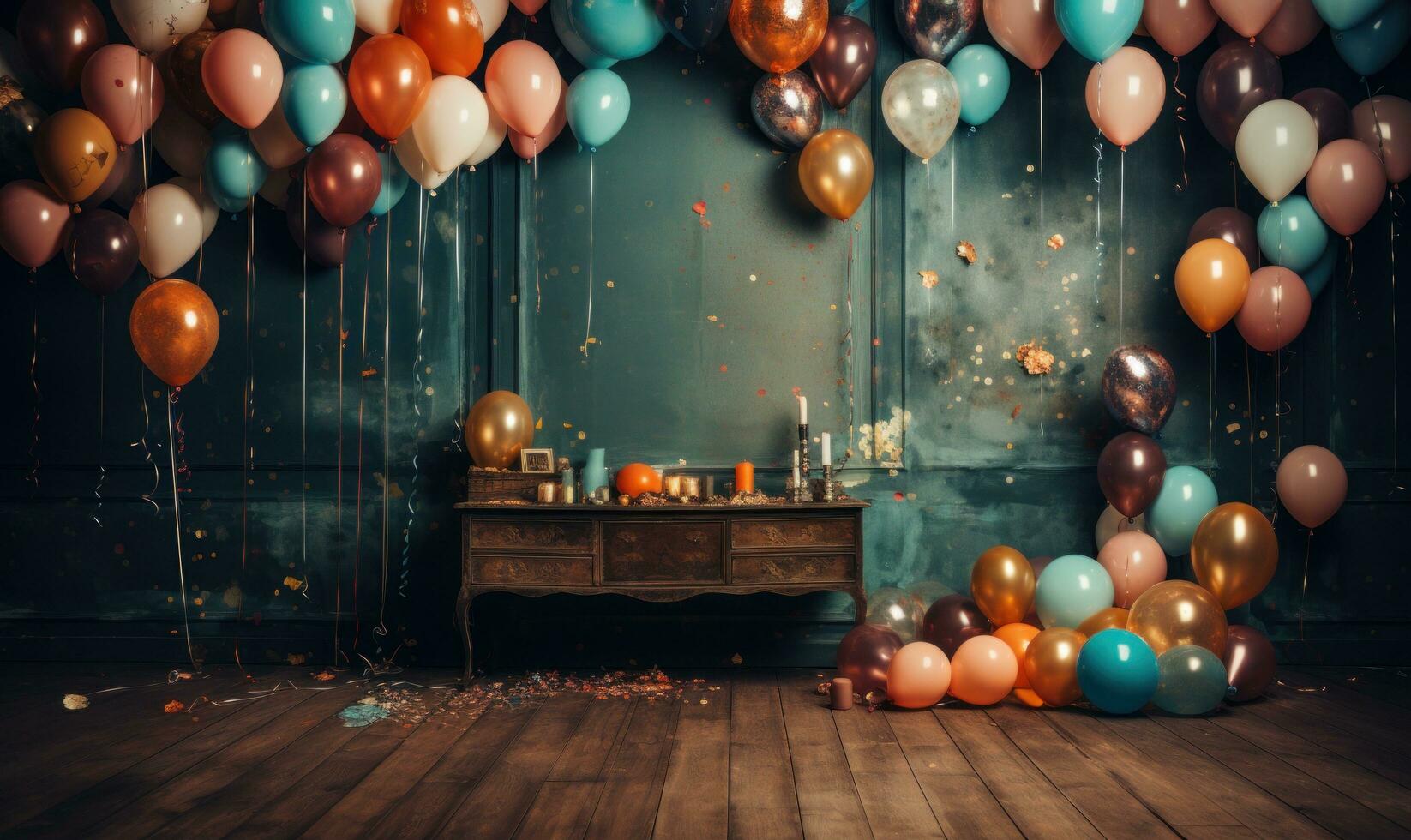 AI generated a wooden background in which colored confetti is tied to colorful balloons, photo