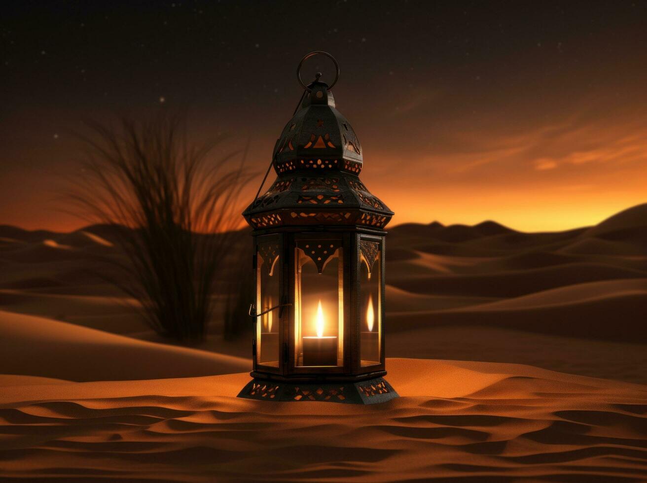 AI generated an arabic colored lantern on sand in the desert, photo