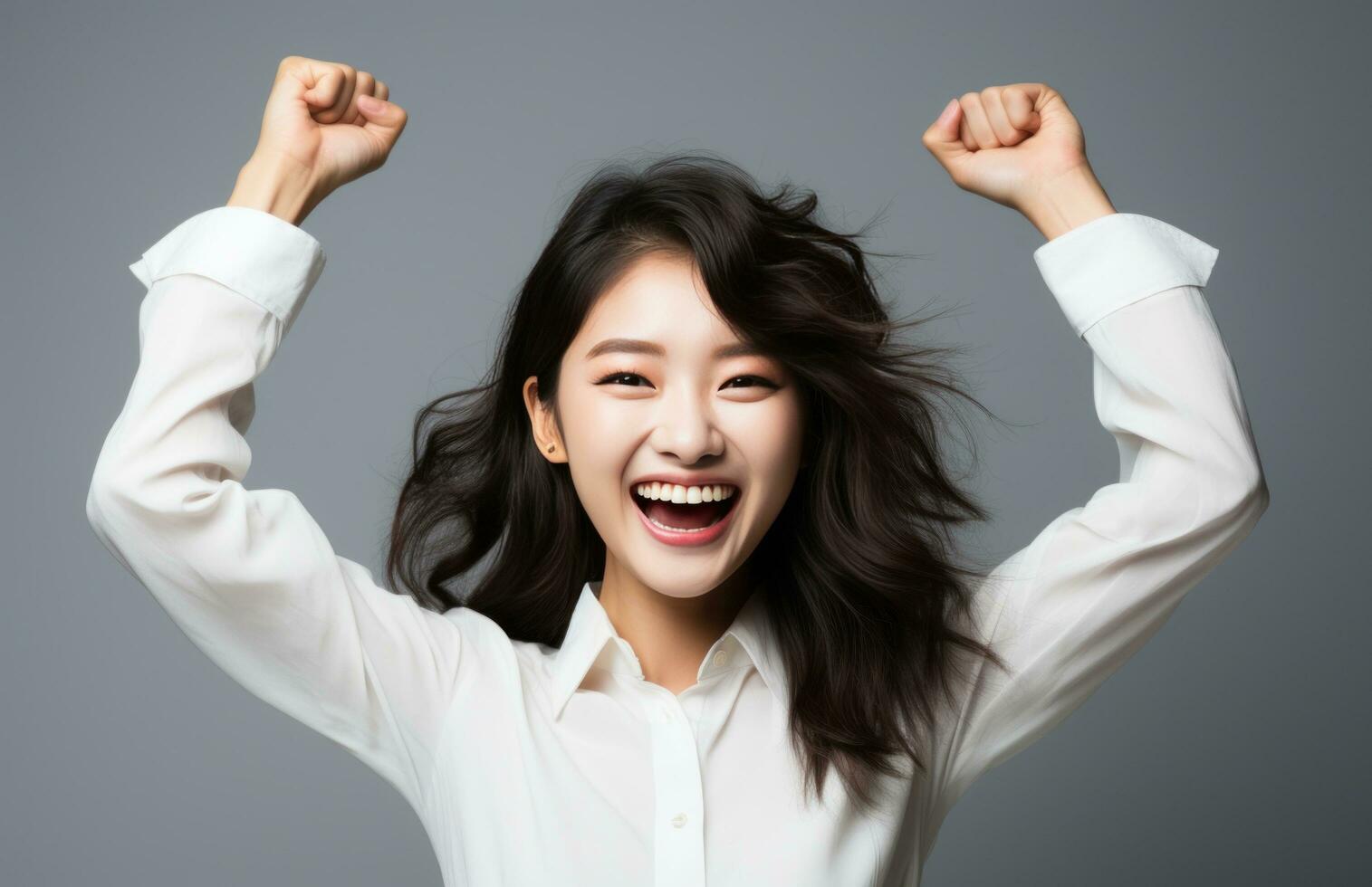 AI generated a young asian woman who is excited for winning a competition against another person, photo