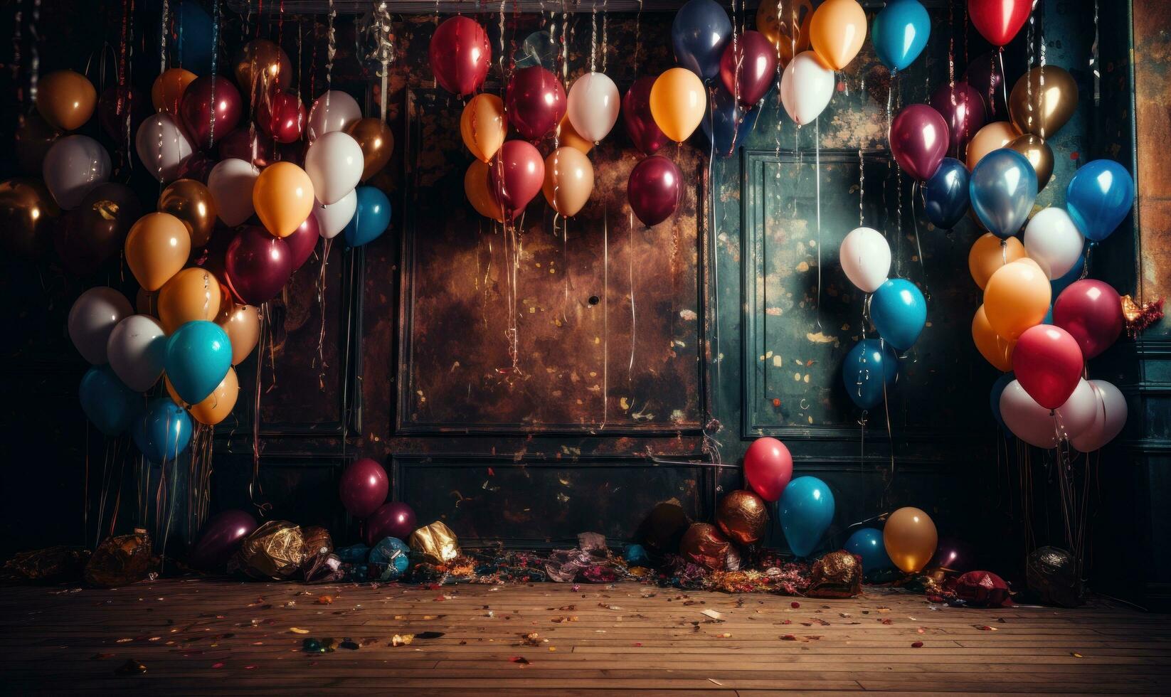 AI generated a wooden background in which colored confetti is tied to colorful balloons, photo