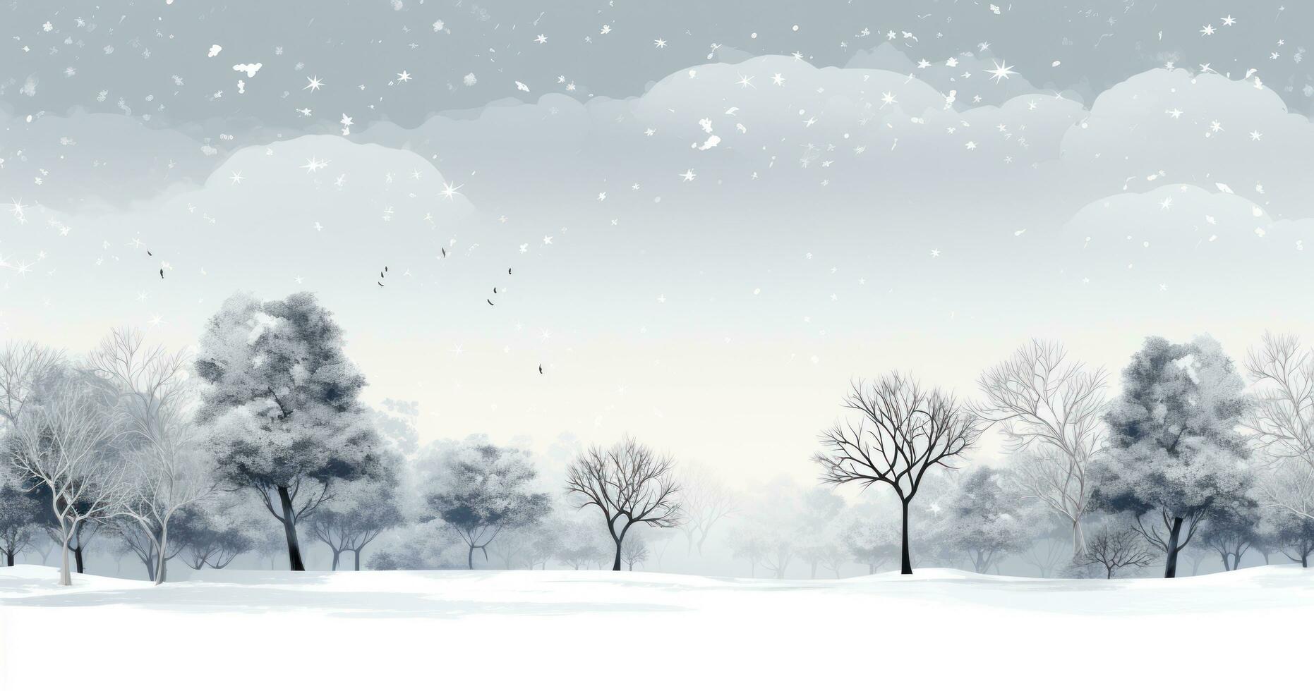 AI generated a snow covered winter scenery behind ficus trees, photo