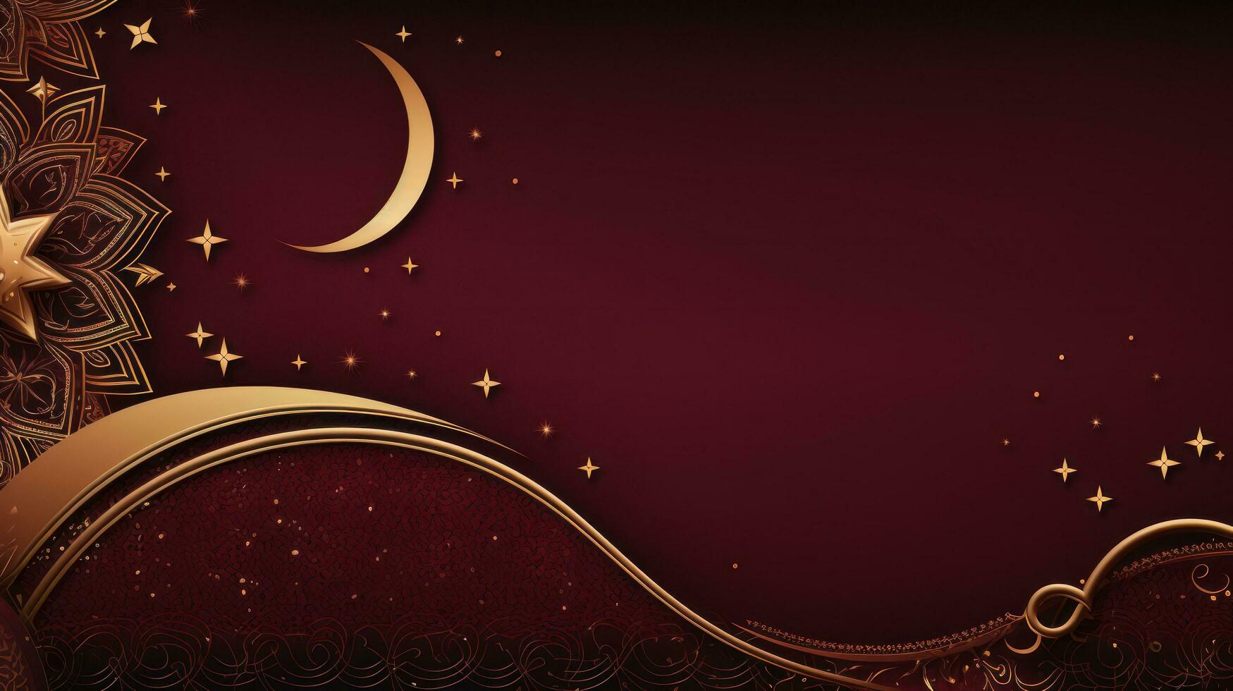 AI generated A rich burgundy and gold background with intricate geometric patterns and a striking crescent moon and stars photo