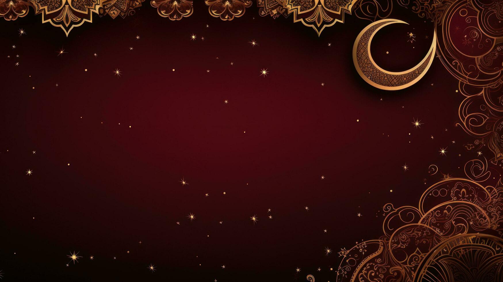 AI generated A rich burgundy and gold background with intricate geometric patterns and a striking crescent moon and stars photo