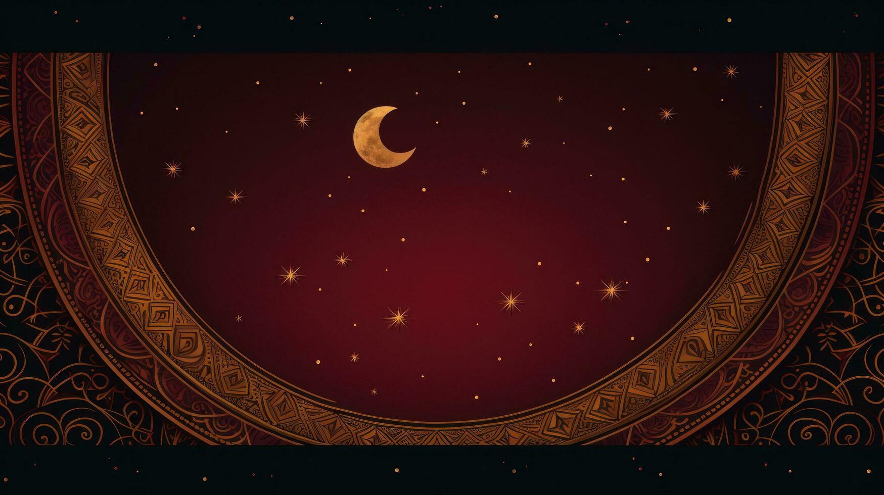 AI generated A rich burgundy and gold background with intricate geometric patterns and a striking crescent moon and stars photo