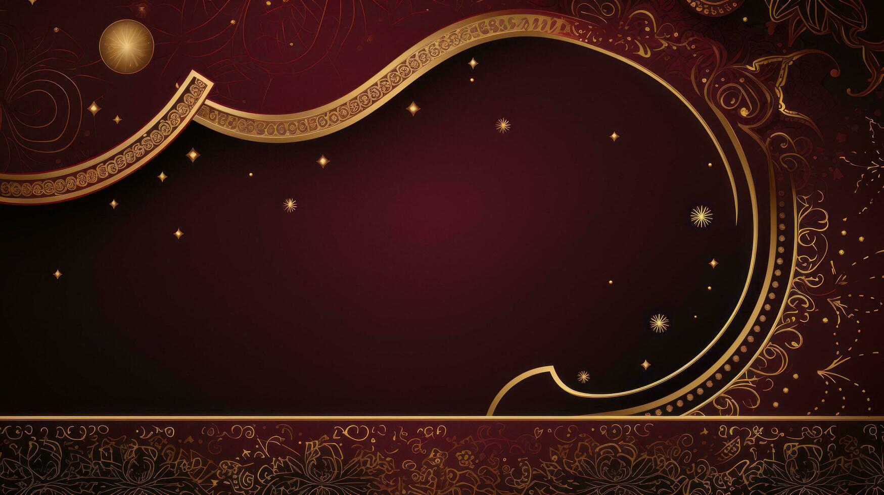 AI generated A rich burgundy and gold background with intricate geometric patterns and a striking crescent moon and stars photo