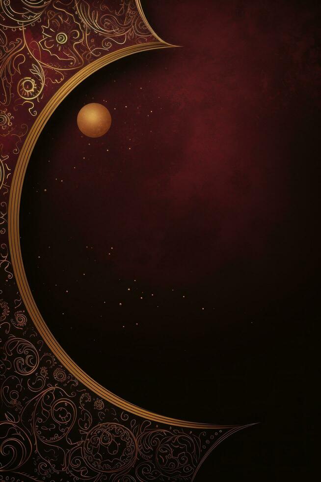 AI generated A rich burgundy and gold background with intricate geometric patterns and a striking crescent moon and stars photo