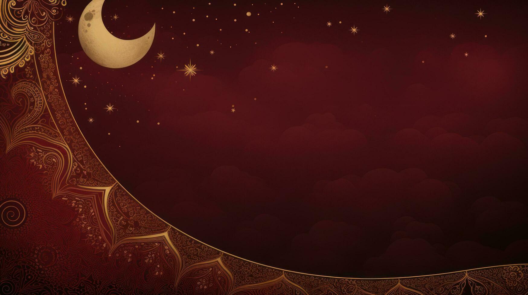 AI generated A rich burgundy and gold background with intricate geometric patterns and a striking crescent moon and stars photo