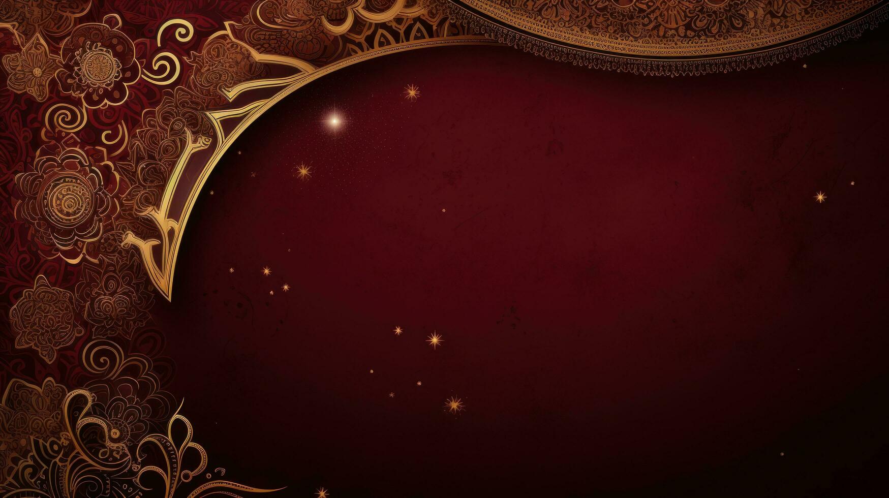 AI generated A rich burgundy and gold background with intricate geometric patterns and a striking crescent moon and stars photo