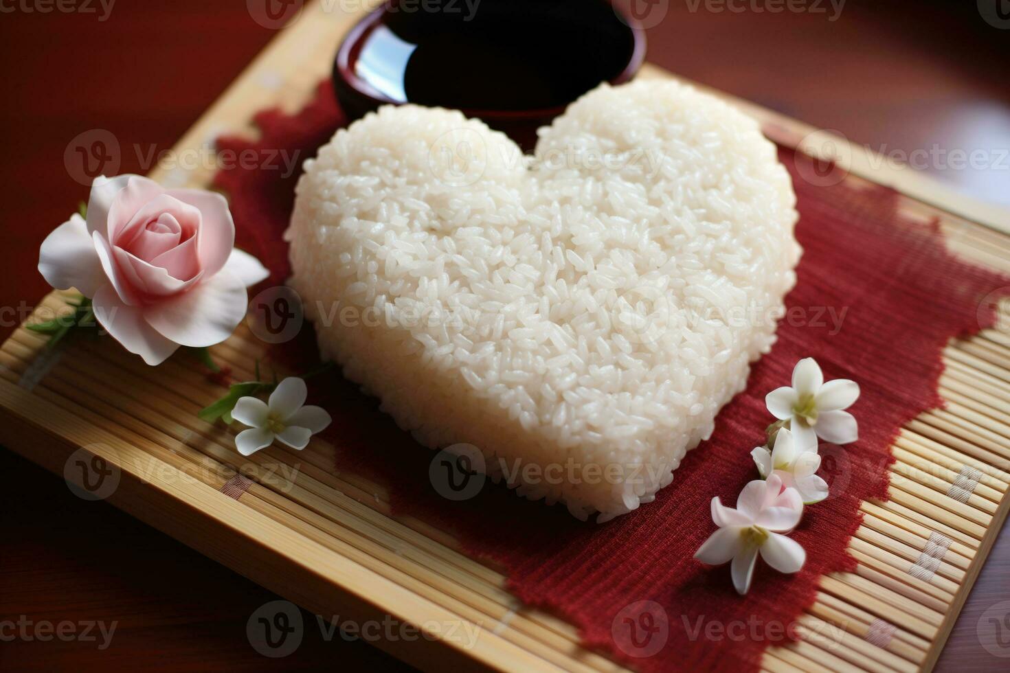 AI generated A Rice Portion in a Heart Shape on a Bamboo Mat Featuring Pearly White and Earthy Brown Hues photo