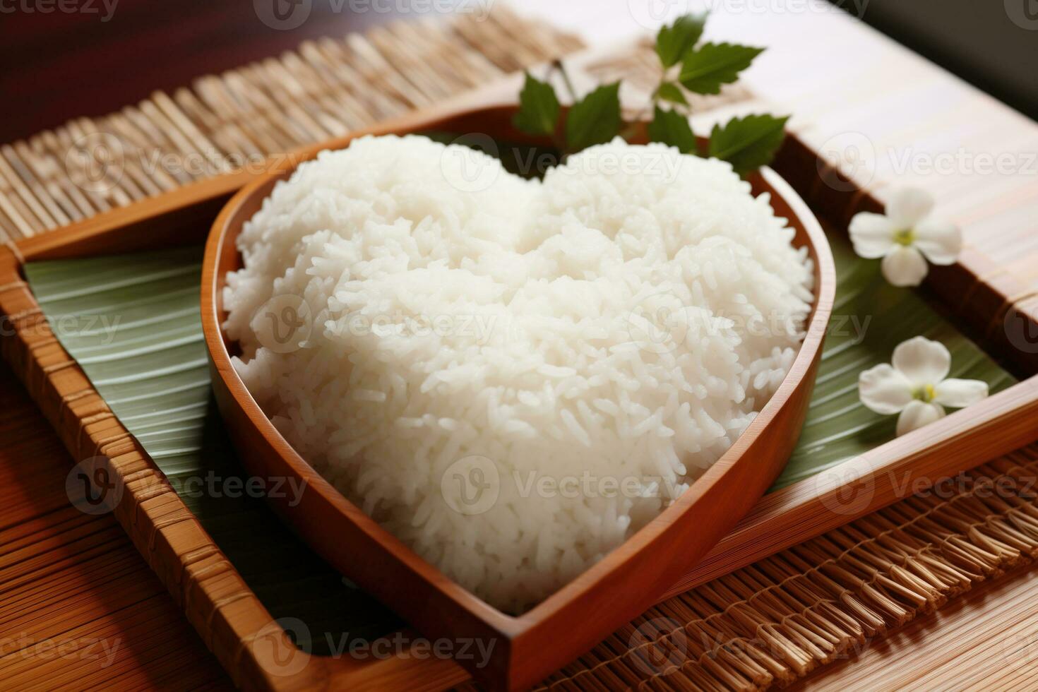 ai generado un arroz molde en el forma de un corazón en un bambú estera con sombras de nacarado blanco y tierra tonos foto