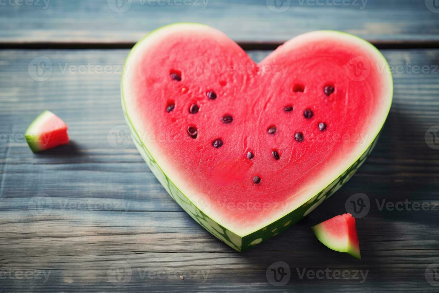 AI generated A Watermelon Slice with a Heart Shaped Center on a Wooden Surface Featuring a Juicy Pink and Fresh Green Color Palette photo