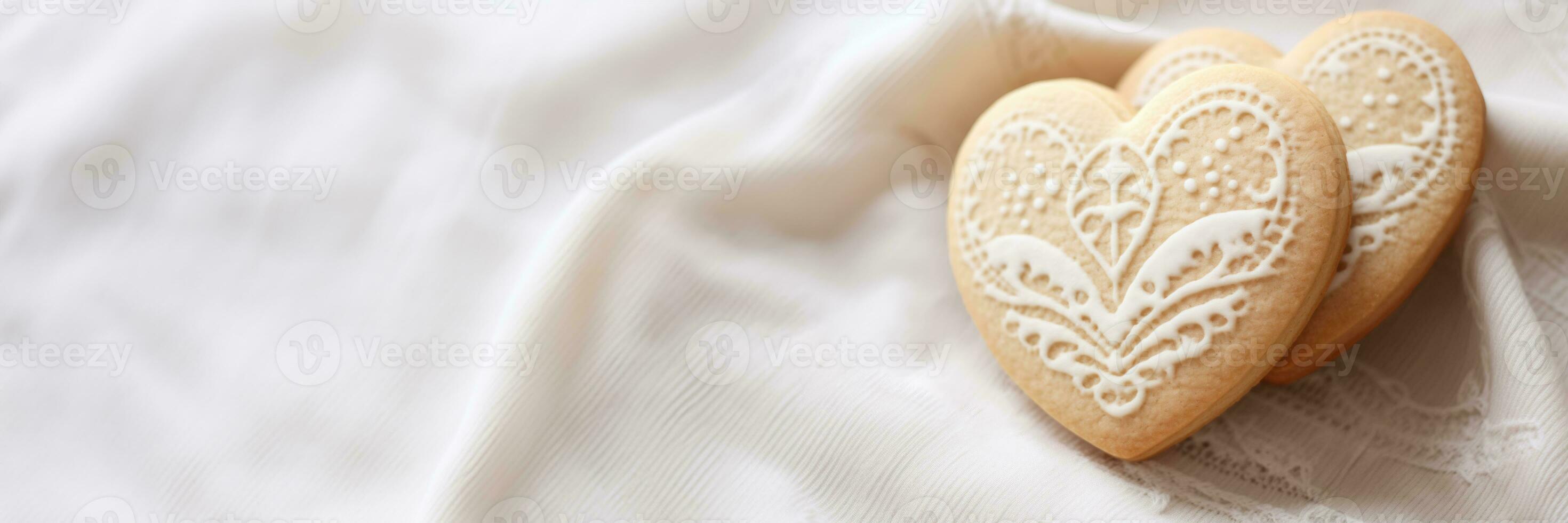 AI generated A Heart Iced Cookie on a Burlap Fabric with a Creamy White and Beige Color Scheme photo