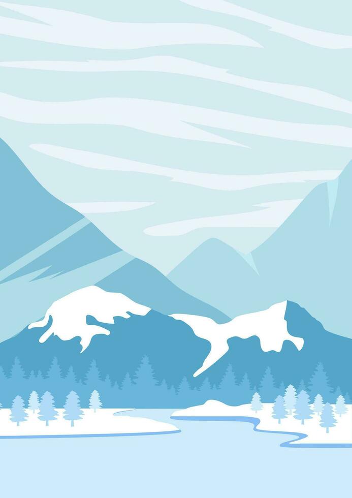 Mountains winter landscape with white peaks illustration. Vector art print of Pyrenees