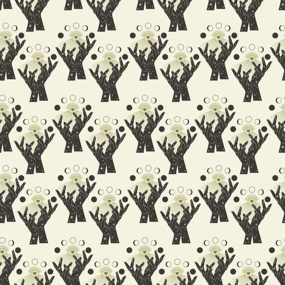 Seamless pattern with mystic eye hands on beige background. Vector tribal illustration.
