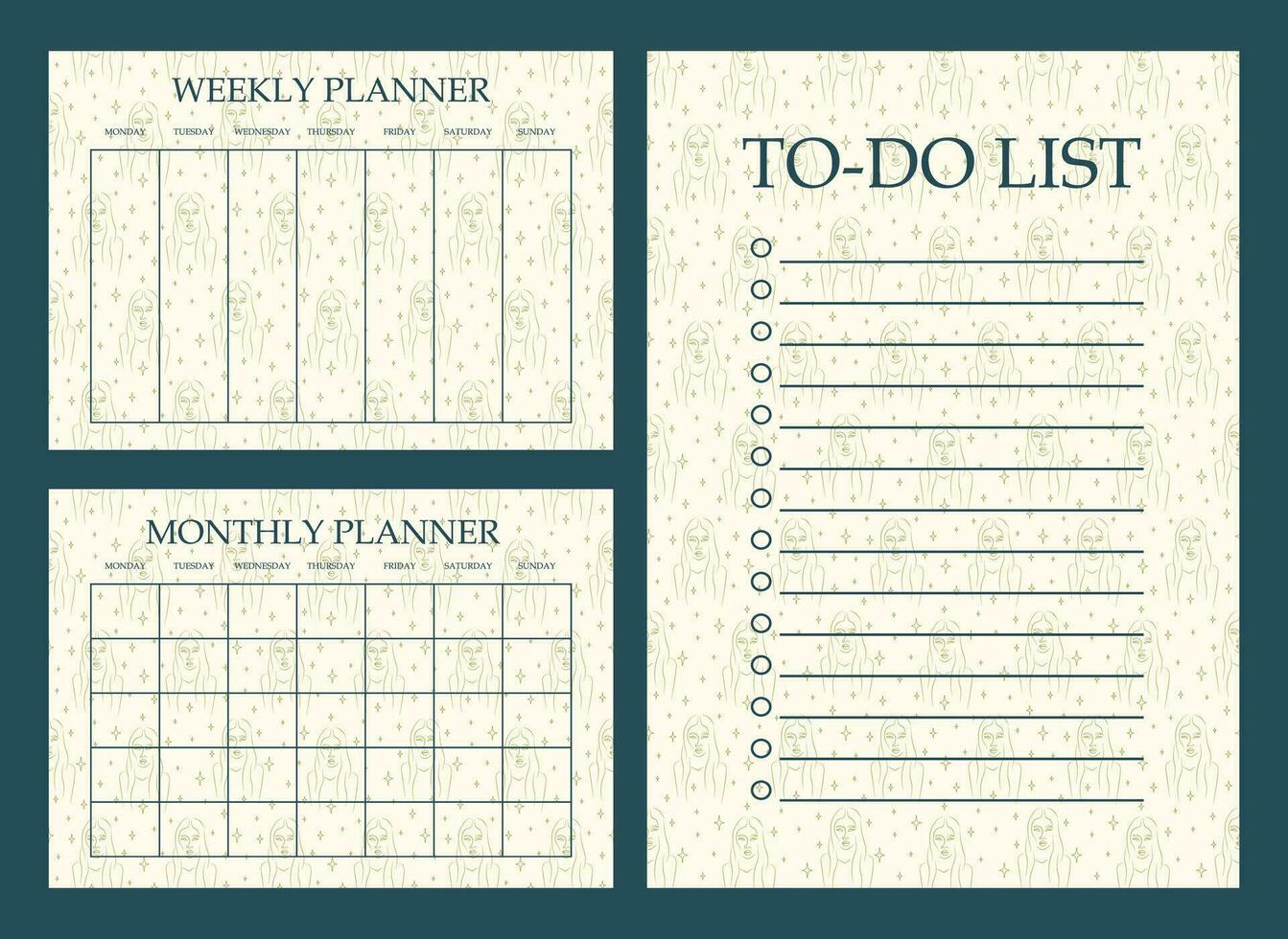 Student organizer paper sheet set. Blank printable goal setting sheets with linear woman vector