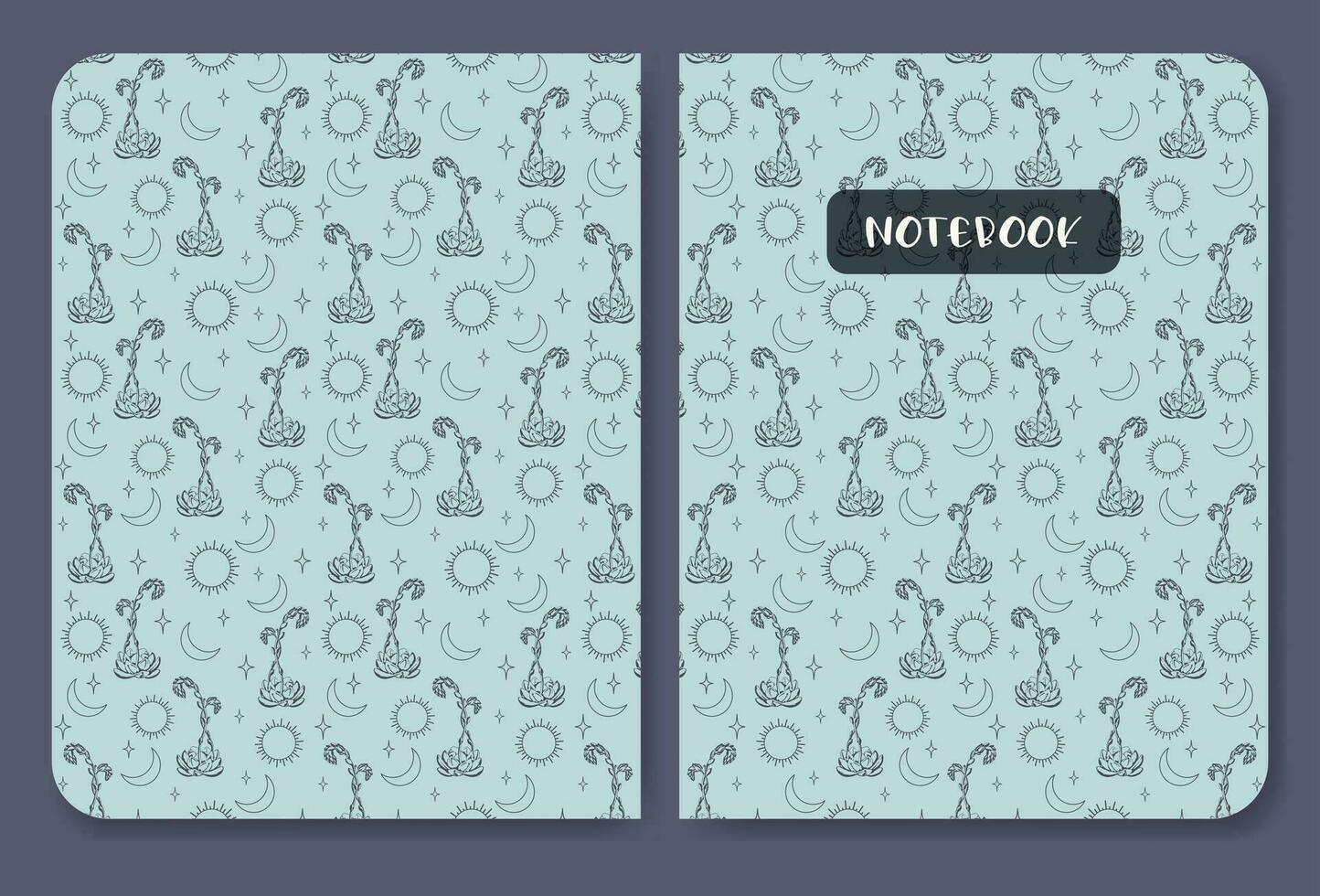Notebook cover template minimalist blue design. Printable background for school stationery with desert plants vector