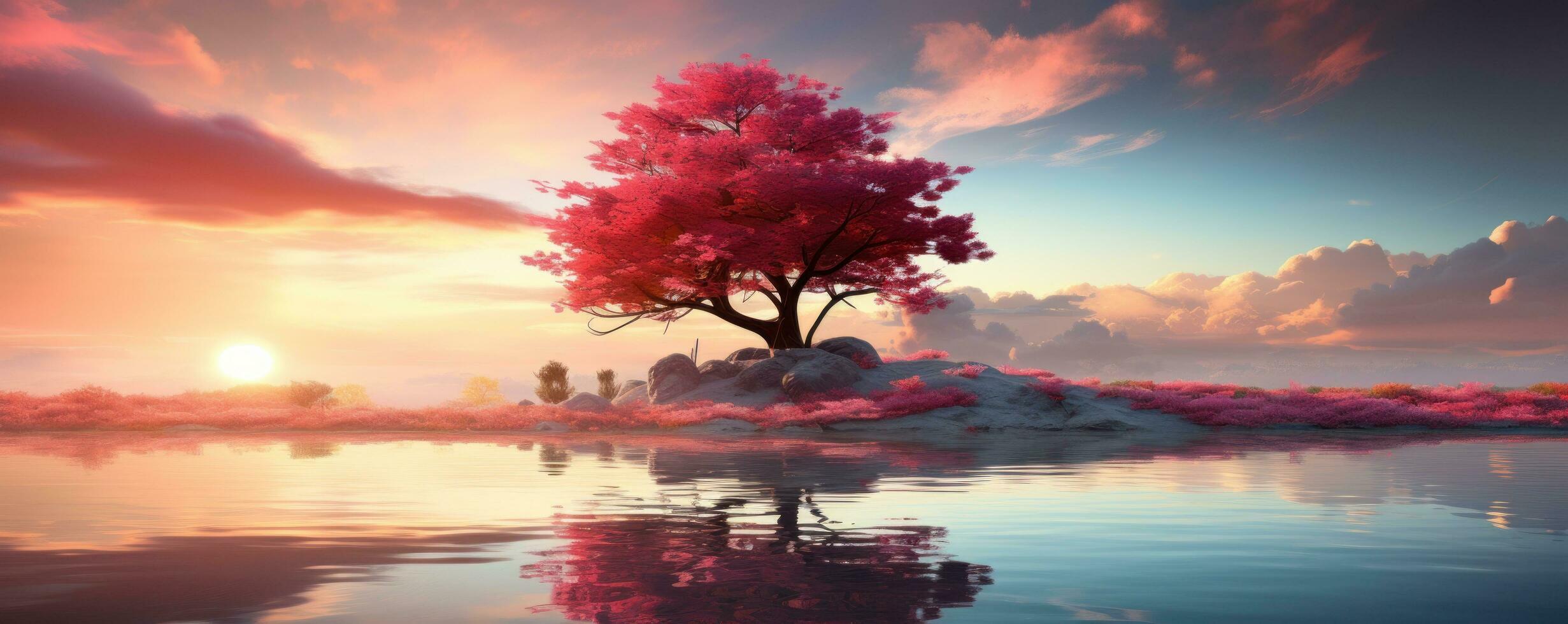 AI generated a red tree in the sunshine at sunrise, photo
