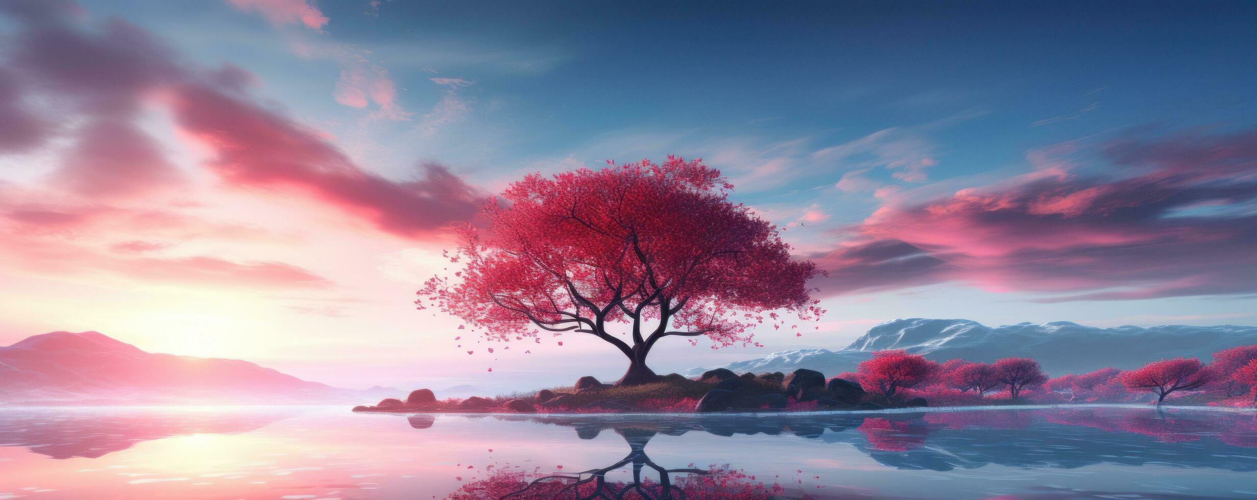 AI generated a red tree in the sunshine at sunrise, photo