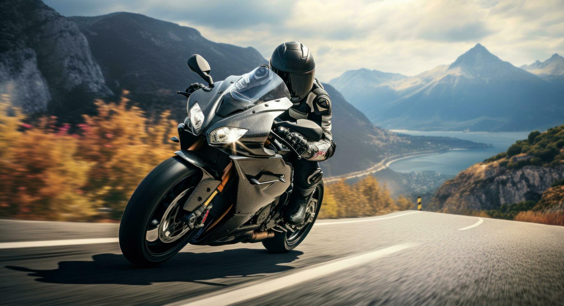 AI generated a motorcycle rider clinging onto a mountain road, photo
