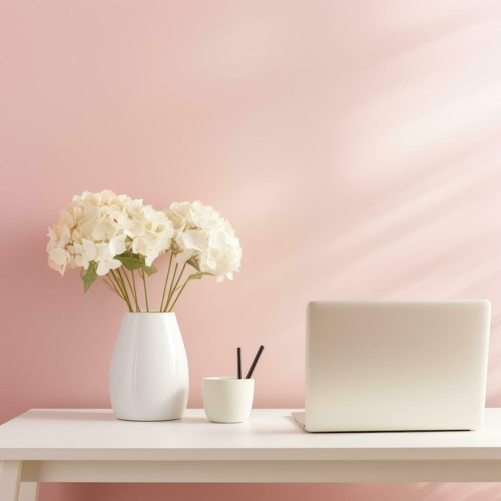 AI generated A minimalist white desk with a vase of fresh white hydrangeas photo