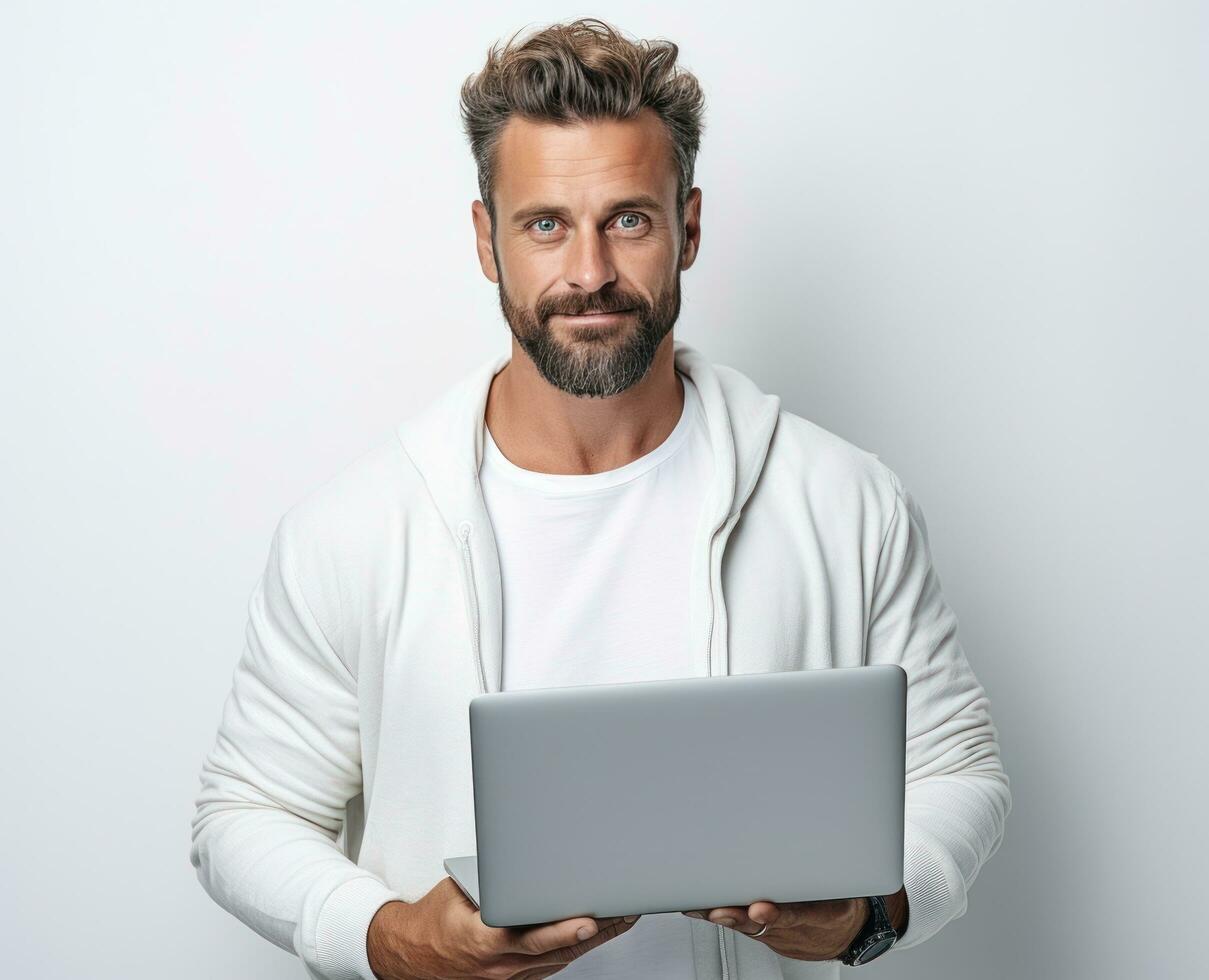 AI generated a man on a white background with glasses and a laptop, photo