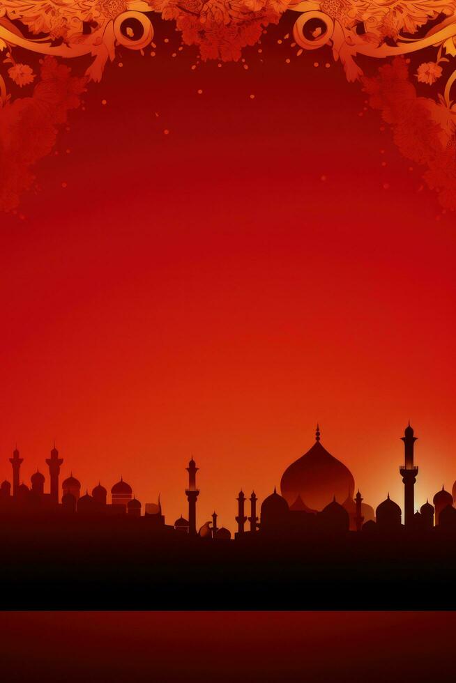 AI generated A luxurious red and gold background with ornate floral designs and a traditional mosque silhouette photo