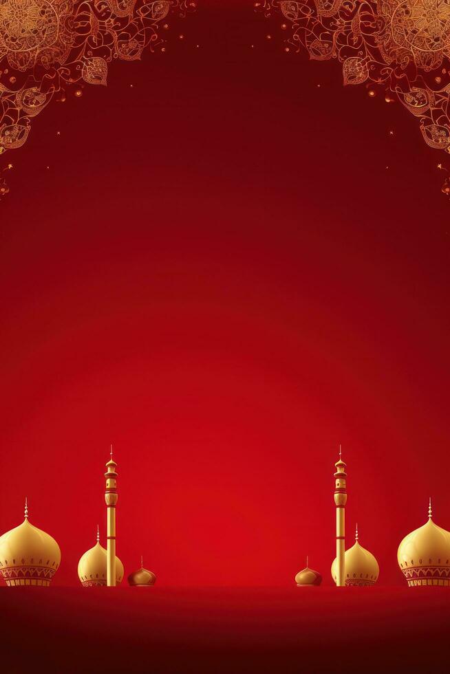 AI generated A luxurious red and gold background with ornate floral designs and a traditional mosque silhouette photo