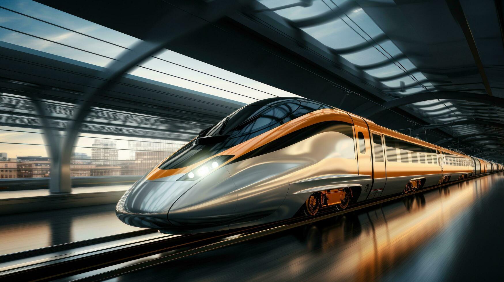 ai generado un alto velocidad tren conducción en un aeropuerto, foto