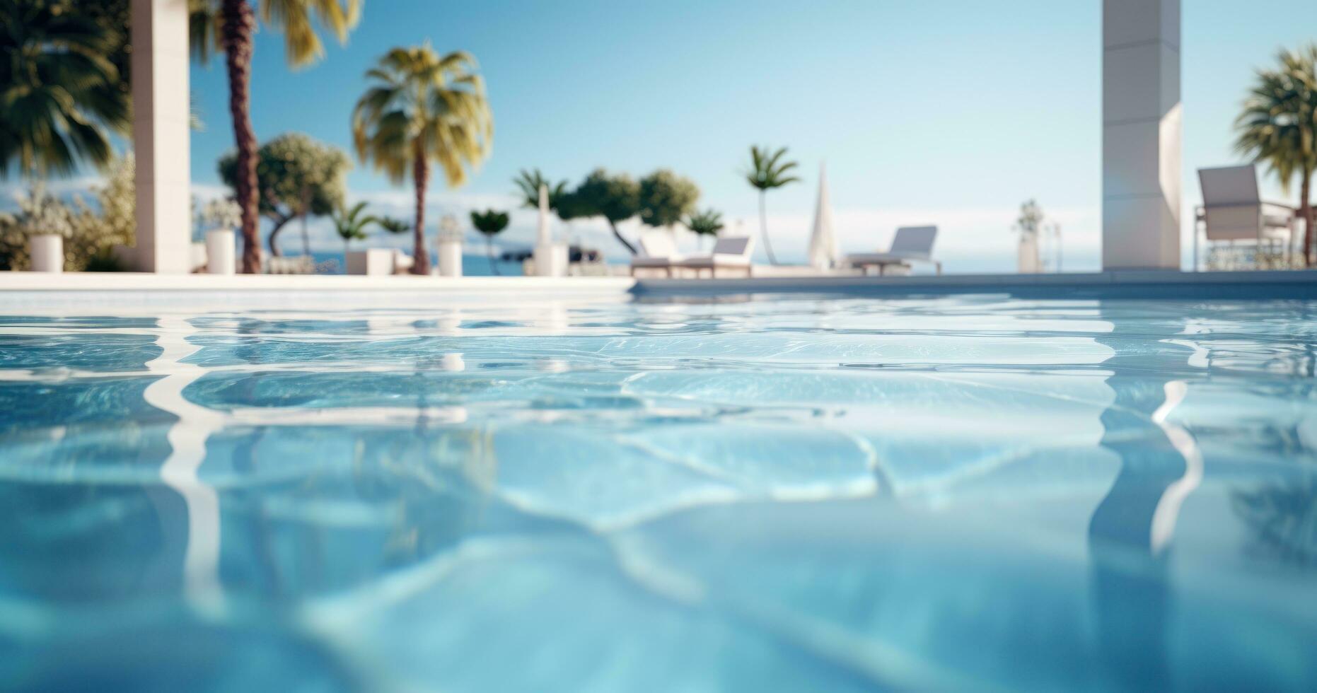 AI generated a large, white swimming pool in a resort, photo