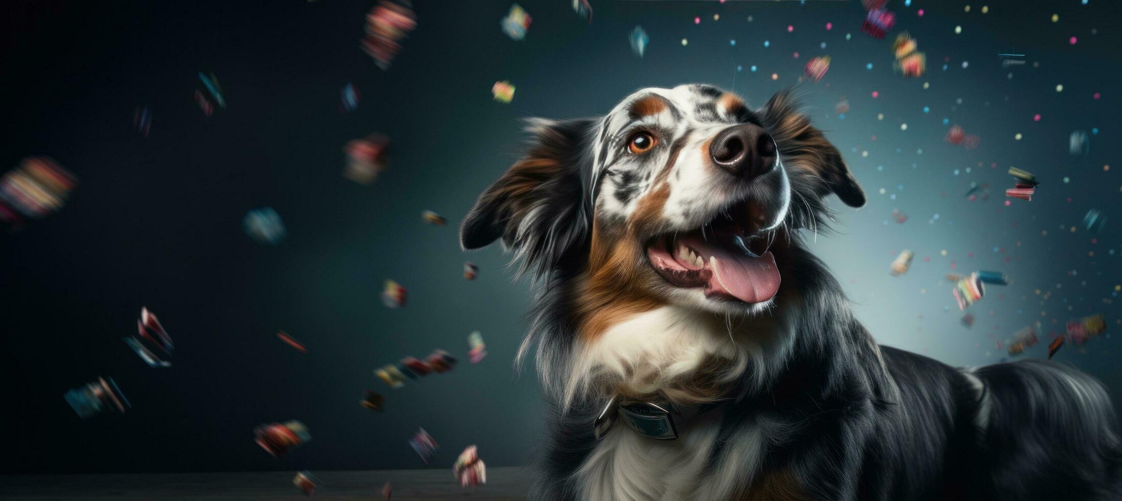 AI generated a dog in a party hat is blowing out his nose, photo