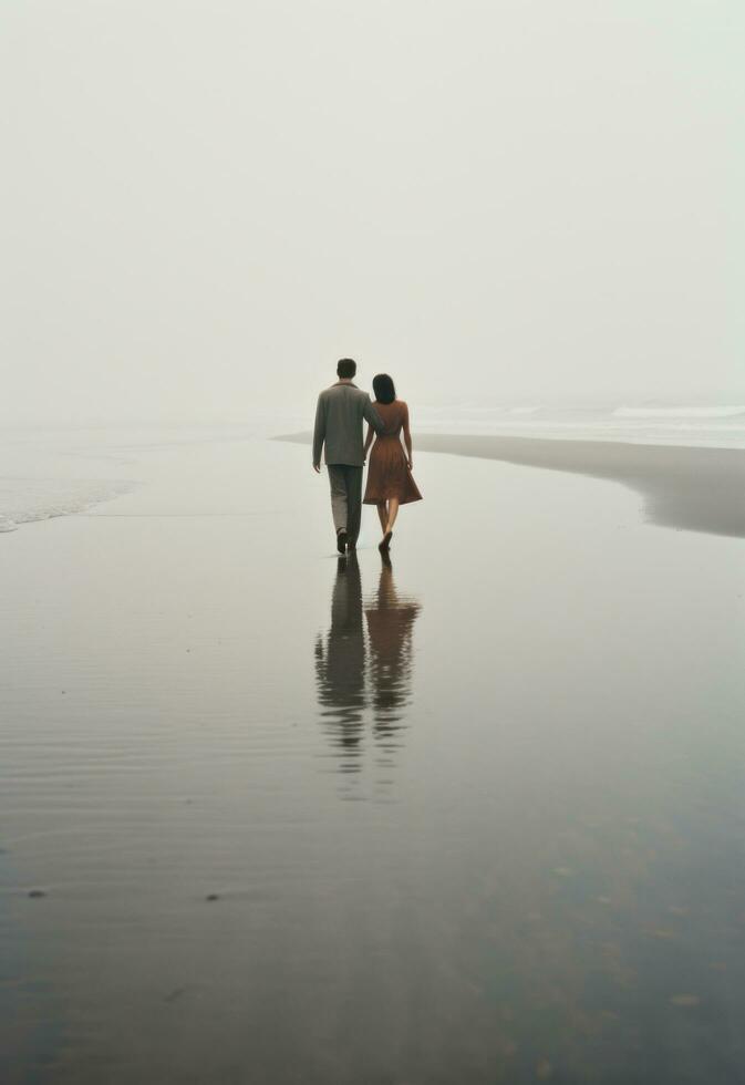 AI generated a girl and man walking on the beach in a grey day, photo