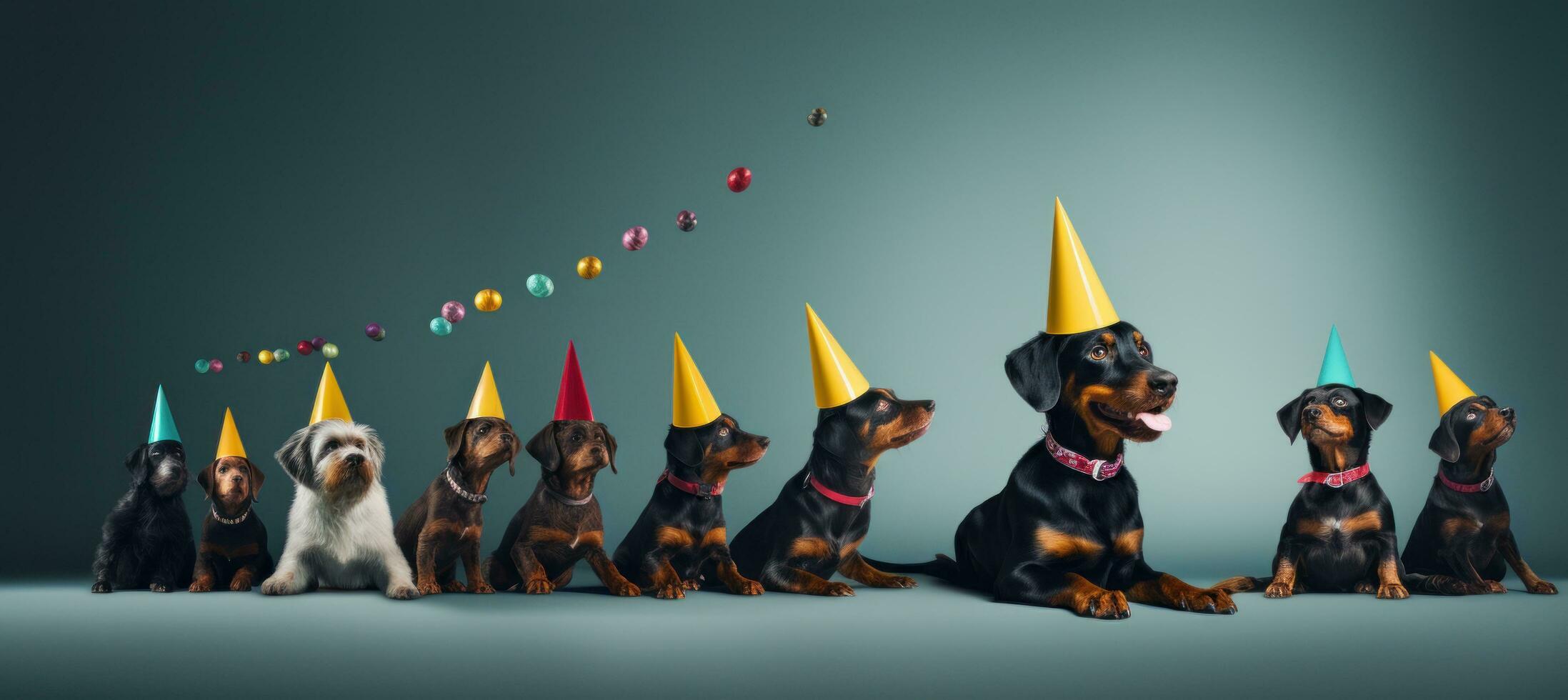 AI generated a dog standing in a party hat with red and yellow bow in the middle, photo