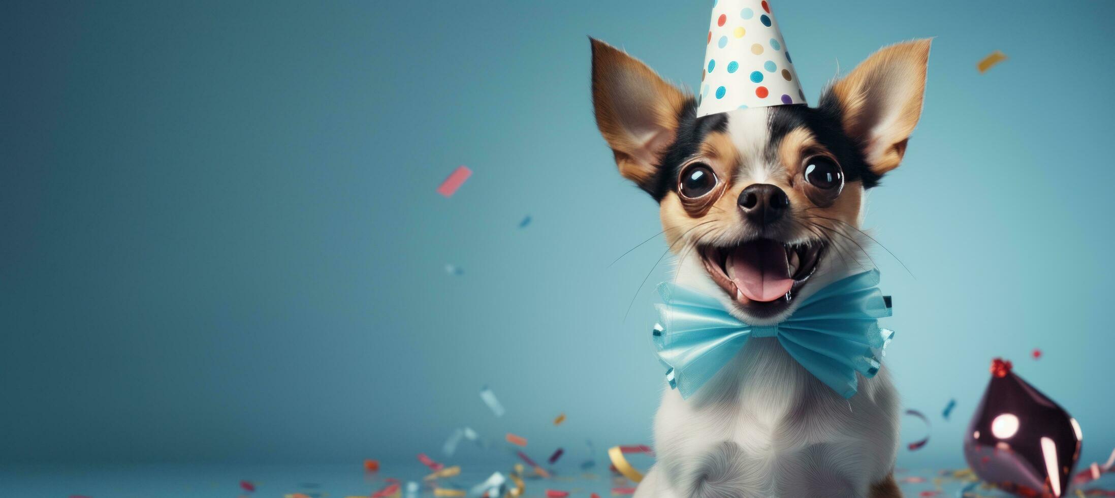 AI generated a dog in a party hat is blowing out his nose, photo