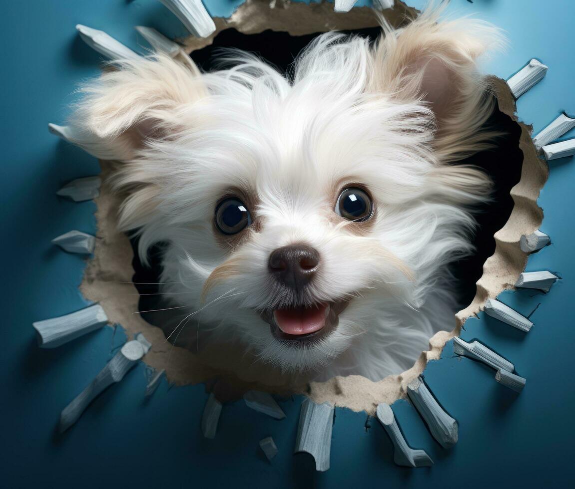 AI generated a dog peeks out from a hole in a blue background, photo