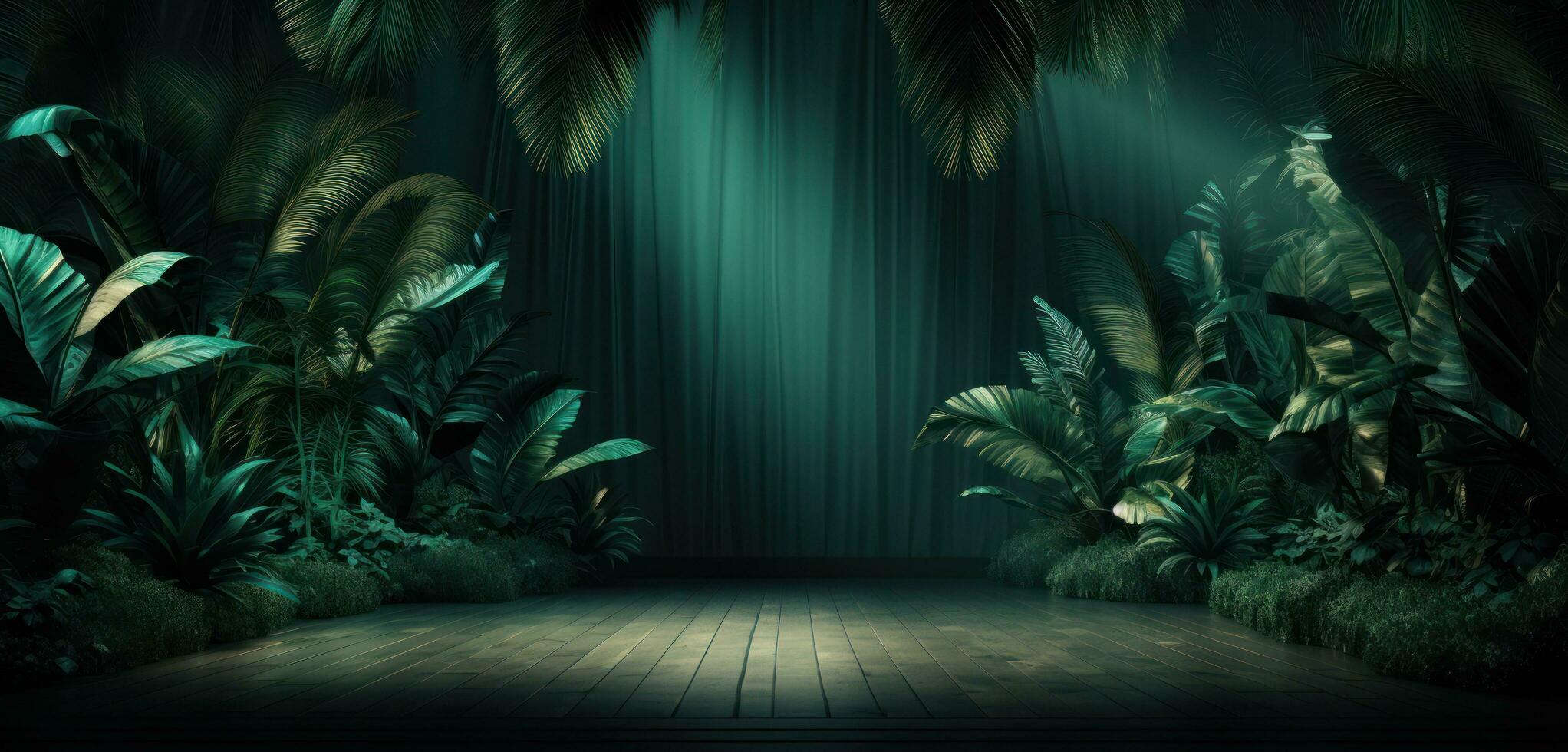 AI generated a dark room decorated with palms and leaves, photo