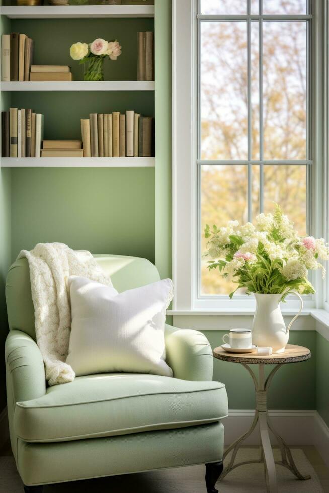 AI generated A cozy reading nook with a plush armchair, photo