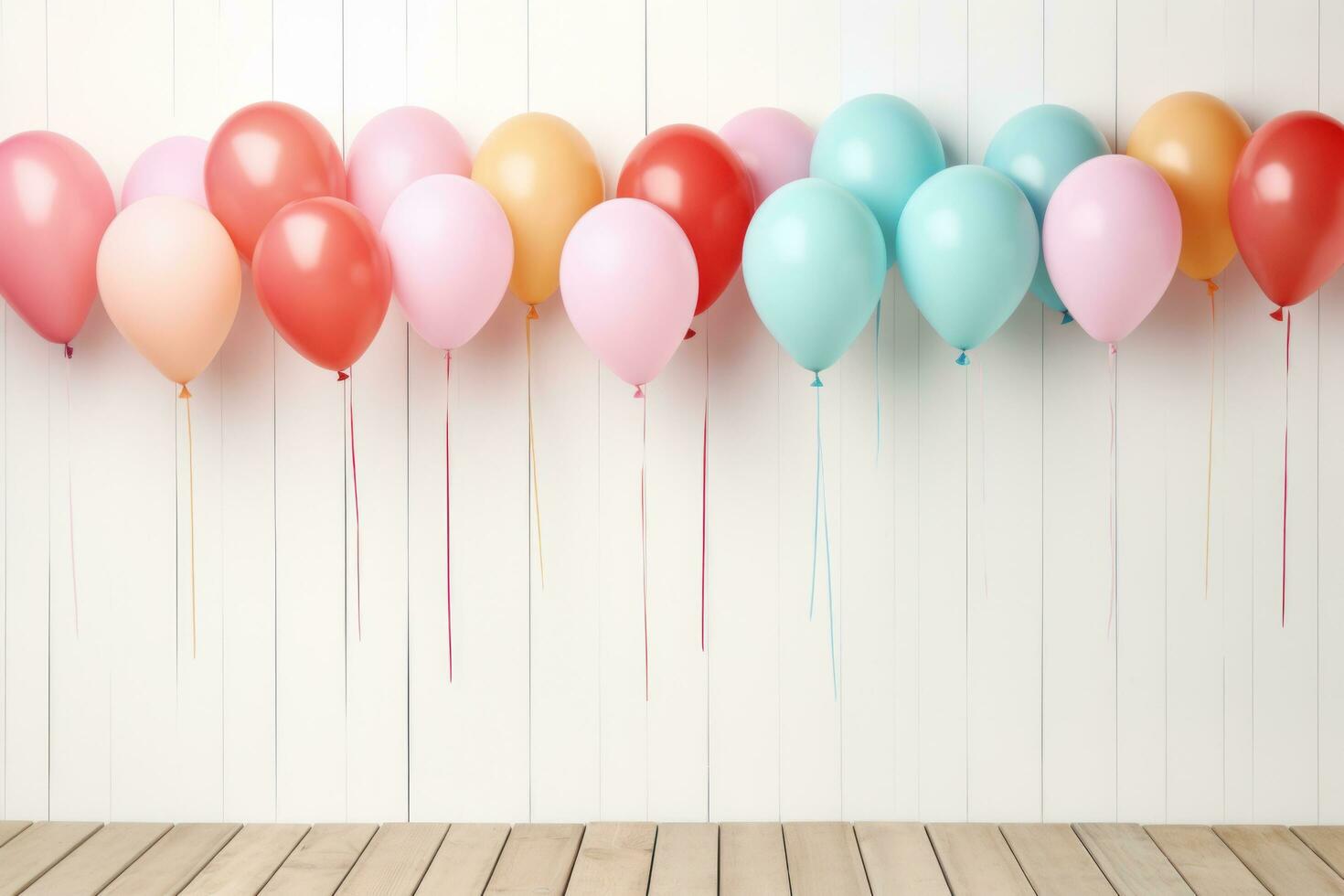 AI generated a colorful group of balloons on wood, photo