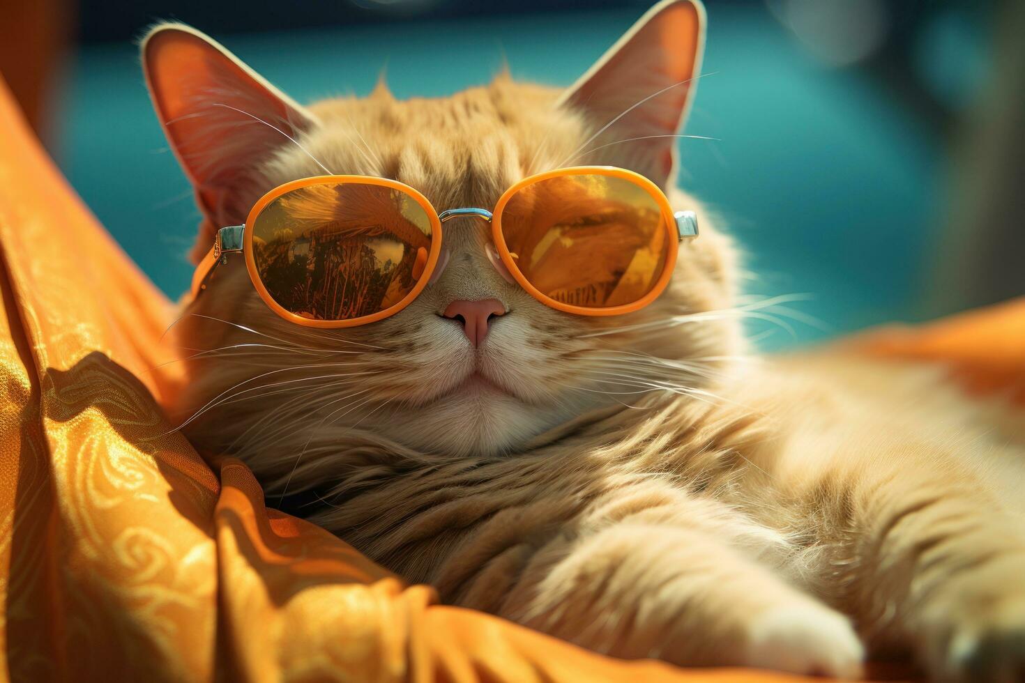 AI generated a cat dressed up in sunglasses is sleeping in a hammock, photo